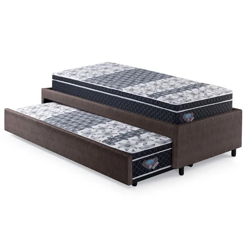 Bicama Box Solteirão Courino Linho Marrom 96x203 Com Dois Colchões GranSleep Molas Verticoil Ecoflex