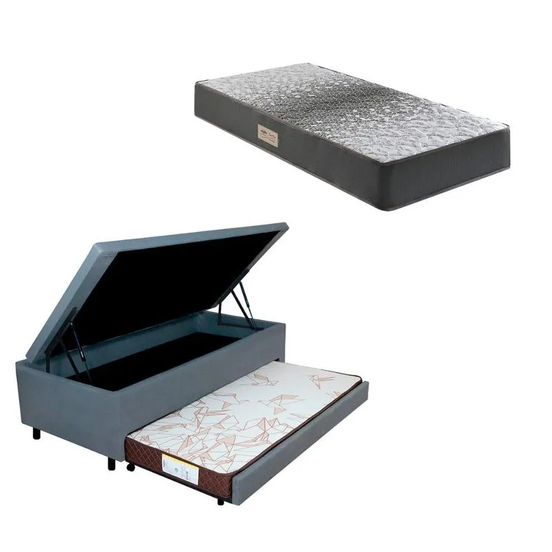 Bicama Box Baú 88x188x42 Courino Linho Cinza com Colchão de Espuma Dual Firme