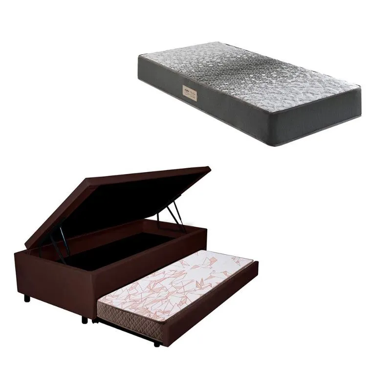 Bicama Box Baú 88x188x42 Courino Linho Marrom com Colchão de Espuma Dual Firme