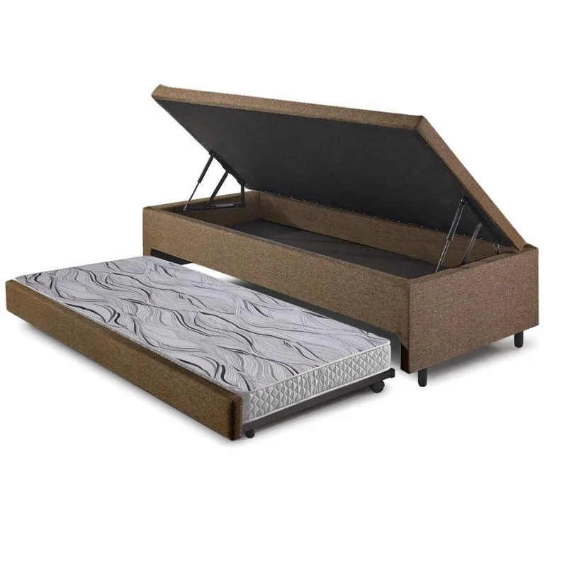 Bicama Box com Baú Solteiro 88x188 com Colchão Auxiliar Linho Marrom