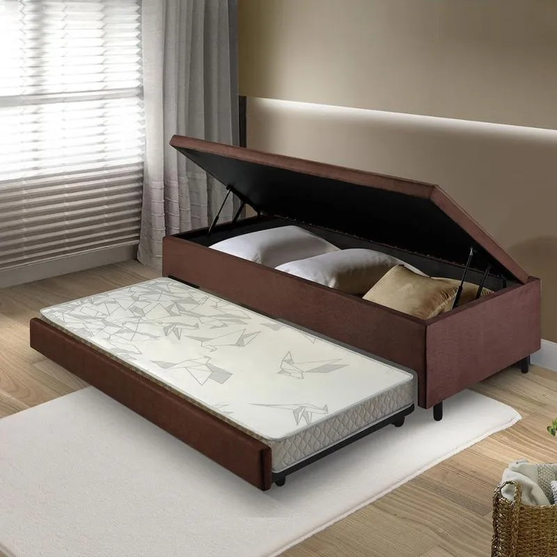 Bicama Box Com Baú Solteirão 96x203 com Colchão Auxiliar Suede Marrom