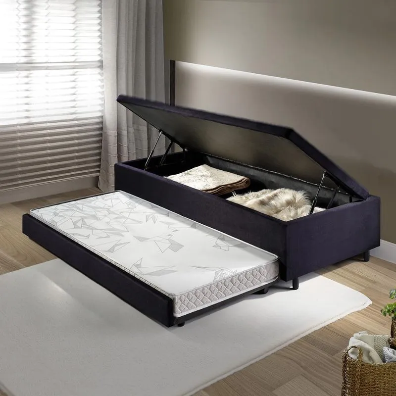 Bicama Box Com Baú Solteirão 96x203 com Colchão Auxiliar Suede Preto
