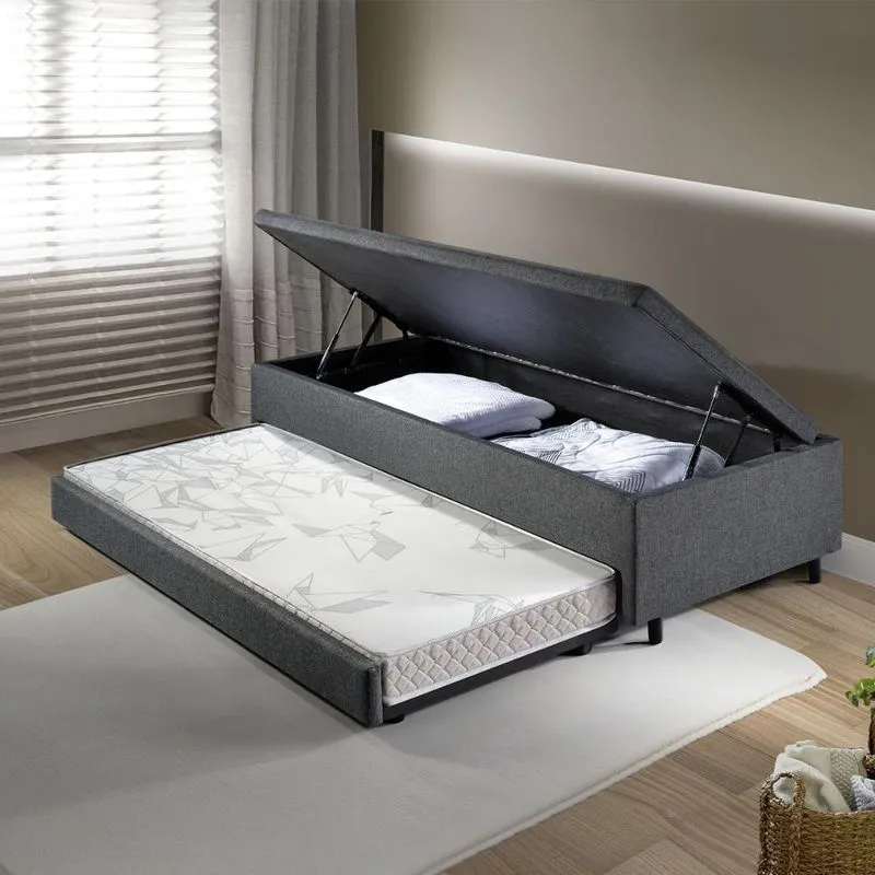 Bicama Box Com Baú Solteirão 96x203 com Colchão Auxiliar Linho Cinza
