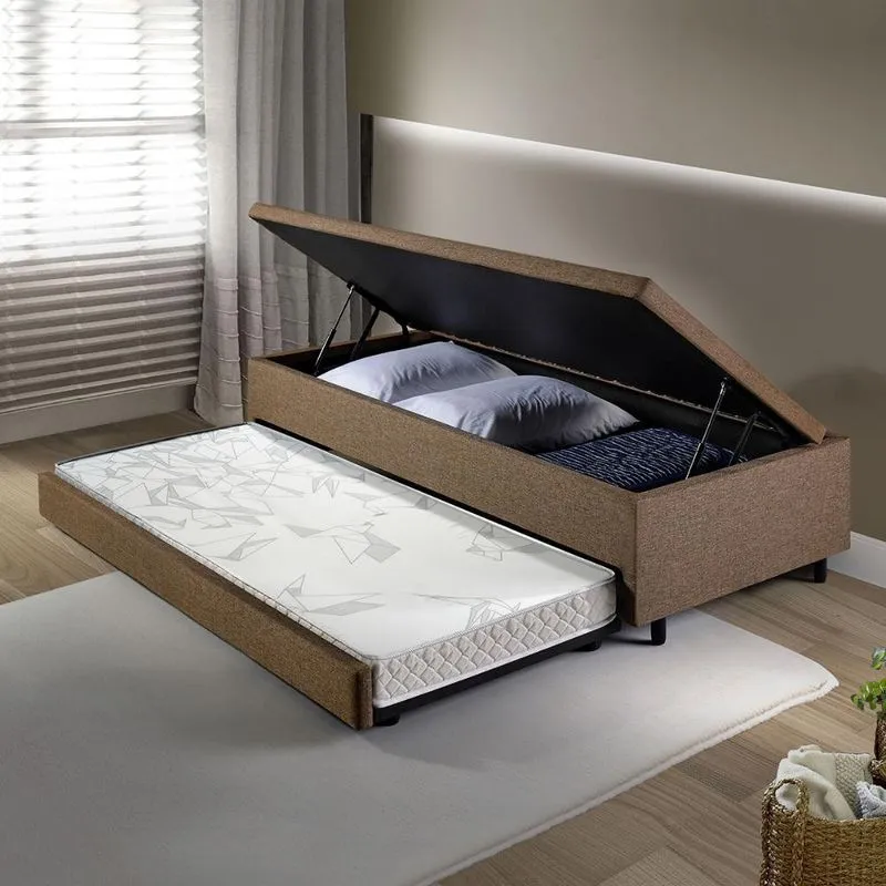 Bicama Box Com Baú Solteirão 96x203 com Colchão Auxiliar Linho Marrom