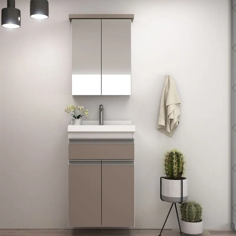 Gabinete para Banheiro 50cm com Lavatório e Armário Cewal Branco/Gianduia