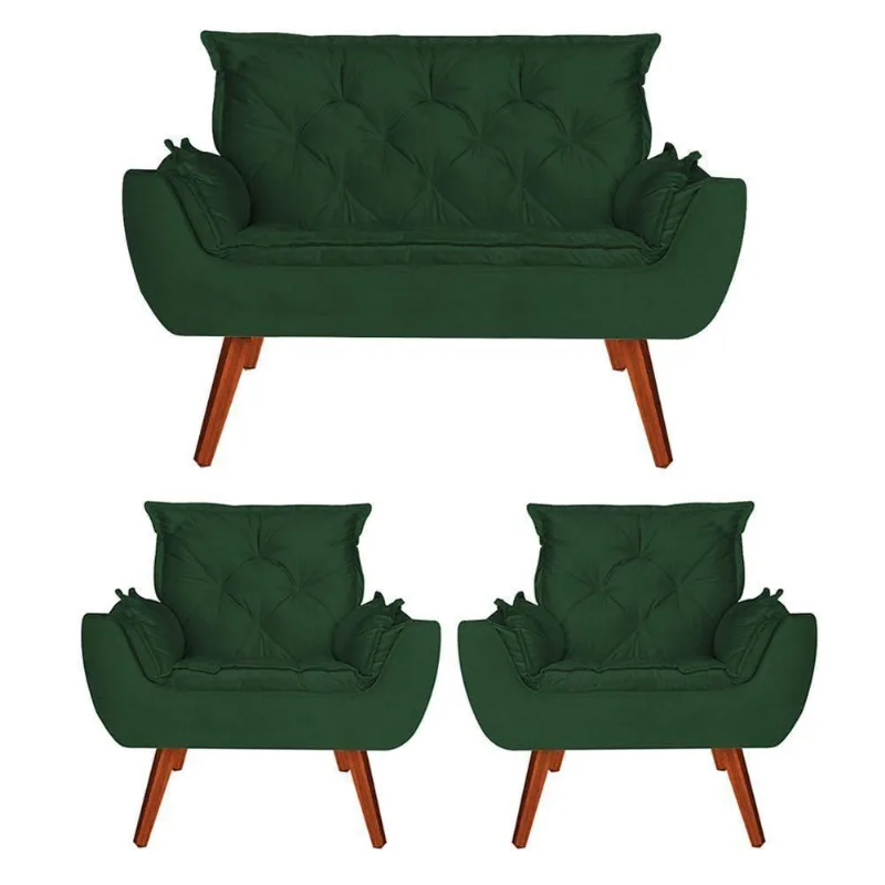 Namoradeira e 2 Poltronas Opala Veludo Verde
