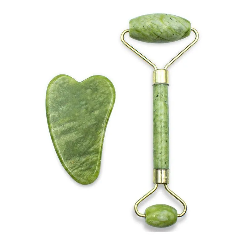 Rolo Pedra De Jade Massageador + Placa Gua Sha Anti Estresse