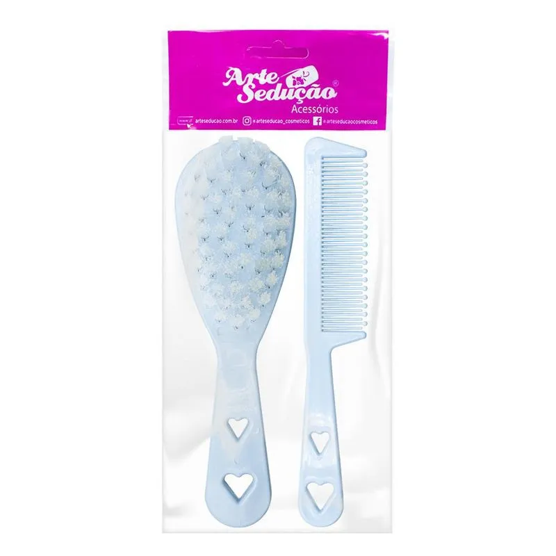 Kit 1 Pente E 1 Escova Infantil Cerdas Macias Para Bebê Azul