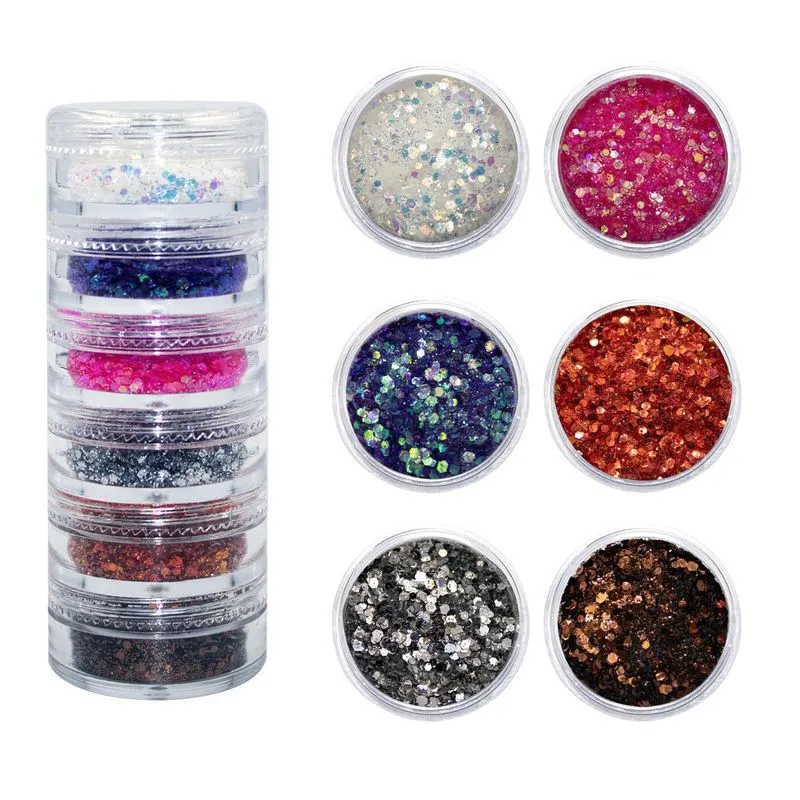 Torre Com 6 Potes De Glitter Flocado Decoração Unha Nail Art