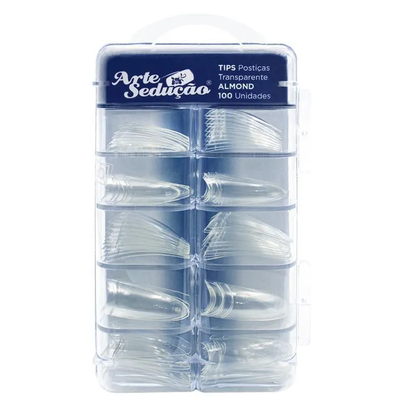 100 Tips Unhas Postiças Almond Transparente, Arte Sedução