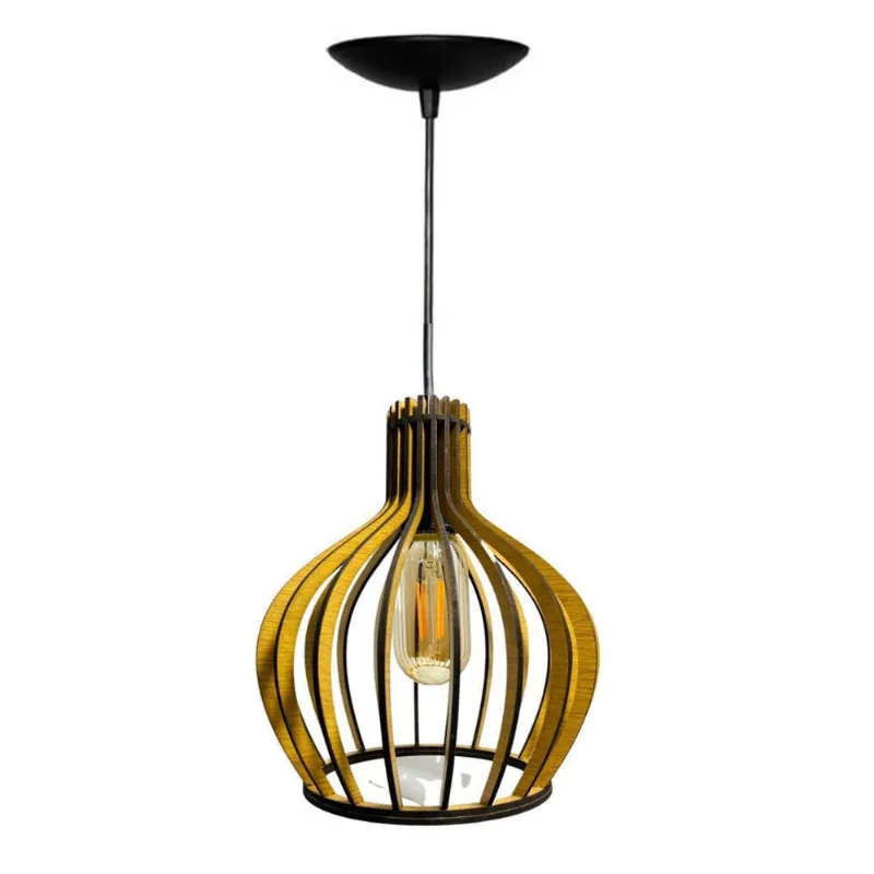 Luminária Lustre Pendente Madeira Redondo Munique 30Cm