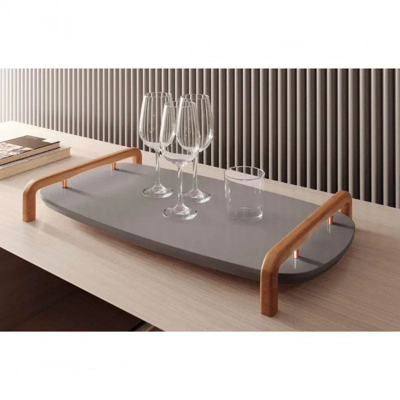 Bandeja Decorativa Barcelona em Madeira com Detalhe Dourado Laca Concreto Lar Flex Móveis