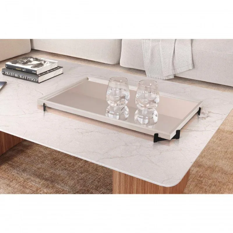 Bandeja Decorativa Gala com Espelho Central Off White e Preto Lar Flex Móveis