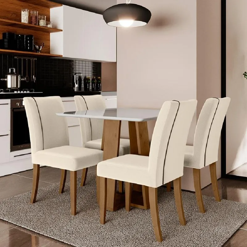 Conjunto de Mesa Sala de Jantar Atenas com 4 Cadeiras Carvalho/Off White/Bege 0,90m Dobuê
