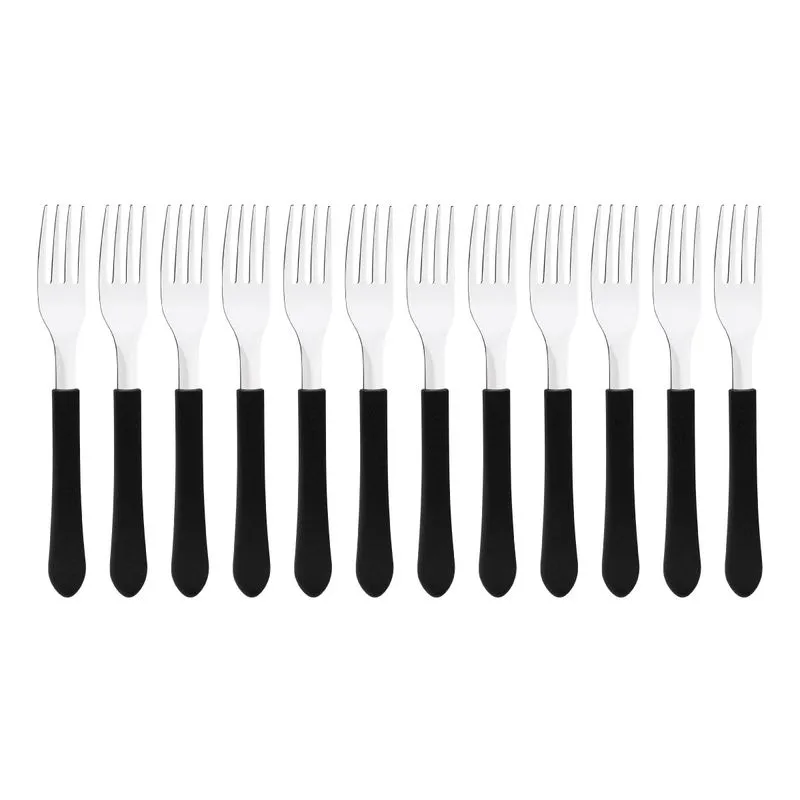 Kit 12 Garfo De Mesa Tramontina Leme Inox Cabo Preto