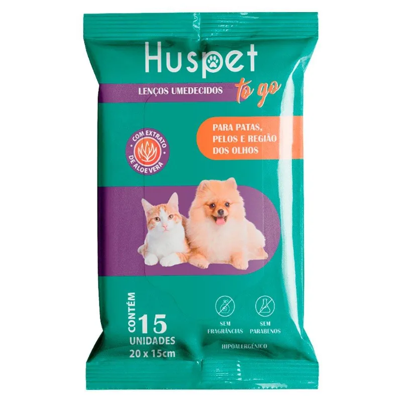 Lenço Umedecido Huspet Para Cães E Gatos - 15 Unidades