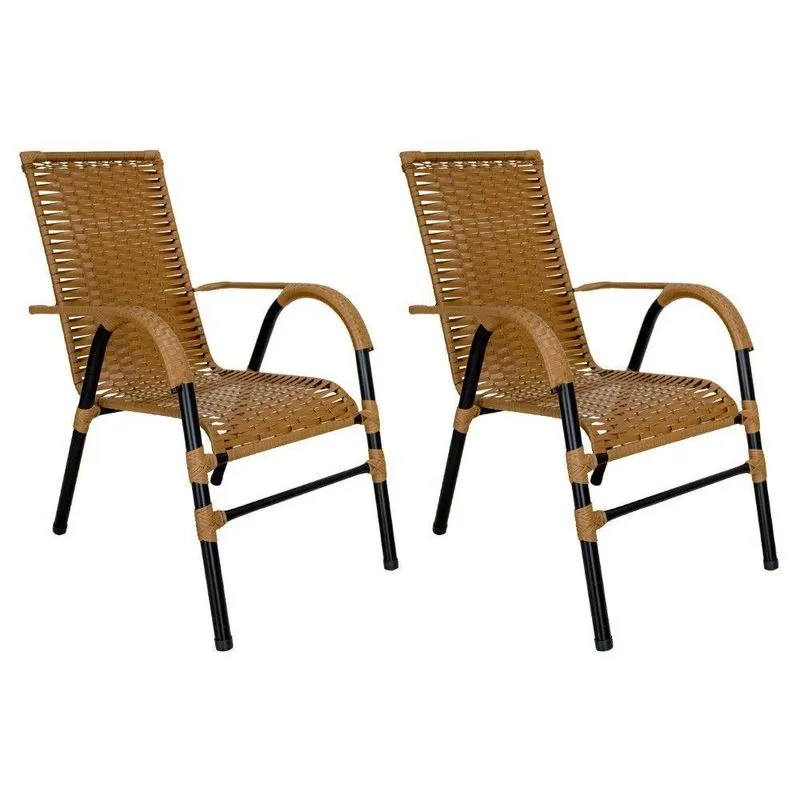 Conjunto De 2 Cadeiras Bela Estrutura Em Aço Carbono Assento Estofado Empilhável Caramelo Acesse