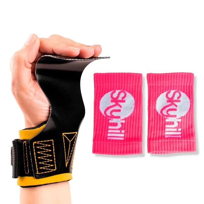Kit Hand Grip Legacy Skyhill Colors E Munhequeira Suor Rosa - Lona Preta Punho Laranja - Gg