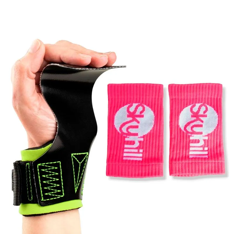 Kit Hand Grip Legacy Skyhill Colors E Munhequeira Suor Rosa - Lona Preta Punho Verde Limão - M