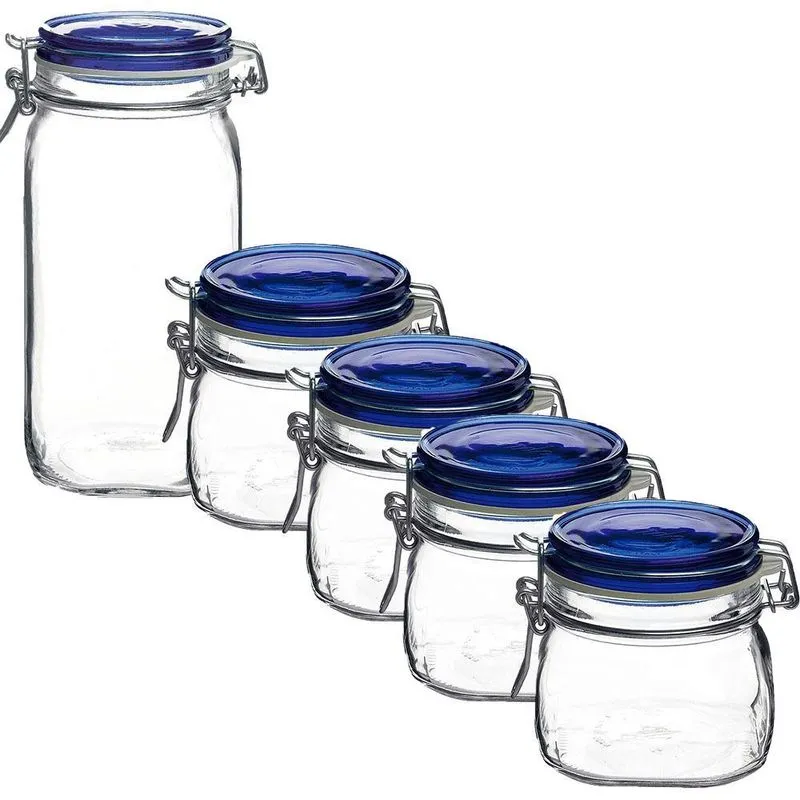 Jogo 5 Potes Vidro Italiano Com Tampa Azul 4x500 / 1x1500ml