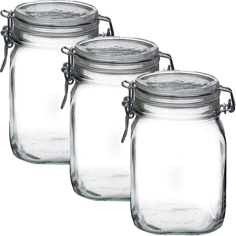Jogo 3 Potes Hermético De Vidro Italiano Bormioli Rocco Fido Com Tampa Transparente 3x1000ml