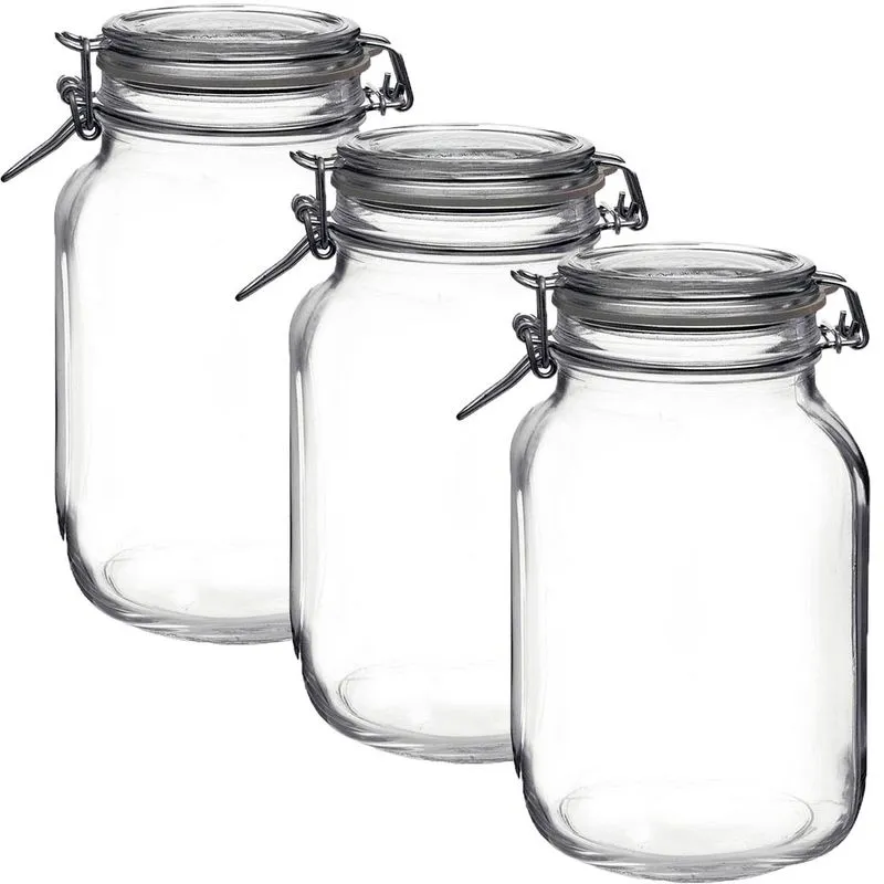 Jogo 3 Potes Herméticos de Vidro Italiano Bormioli Rocco Fido Tampa Transparente 3x1500ml