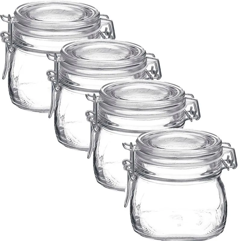 Jogo 4 Potes Vidro Italiano Bormioli Rocco Fido Hermético Tampa Transparente 4x500ml
