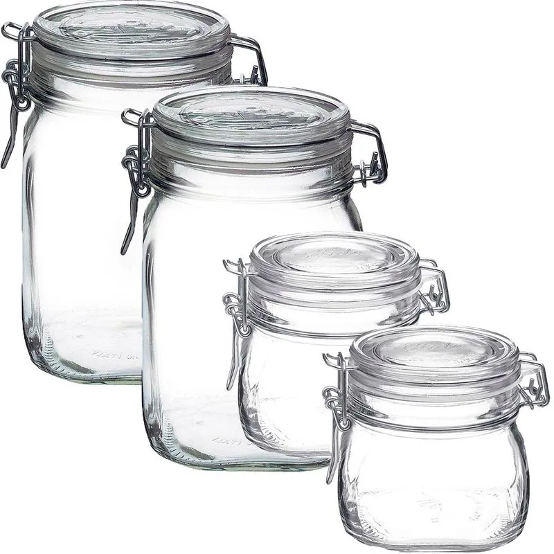 Jogo 4 Potes Vidro Italiano Bormioli Rocco Fido Hermético Tampa Transparente 2x500 / 2x1000 ml