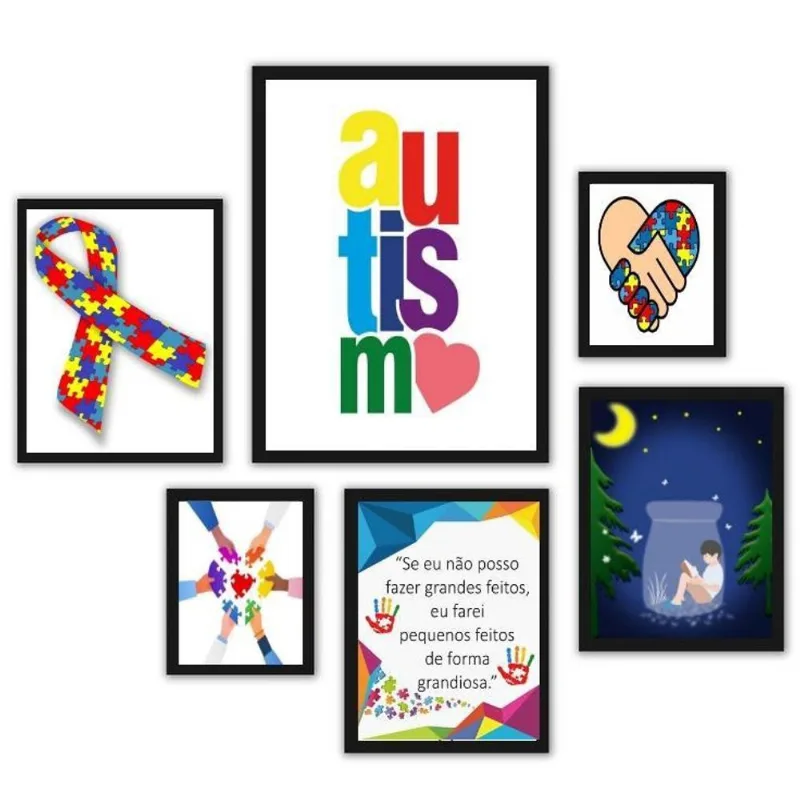 Quadros Autismo - Kit 6 Peças c/ Vidro e Moldura Branca