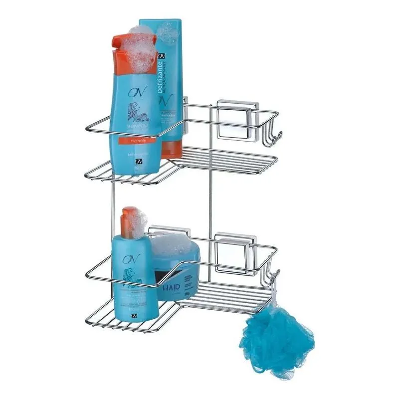Suporte Duplo Cantoneira Porta Shampoo Ventosa Aço Arthi