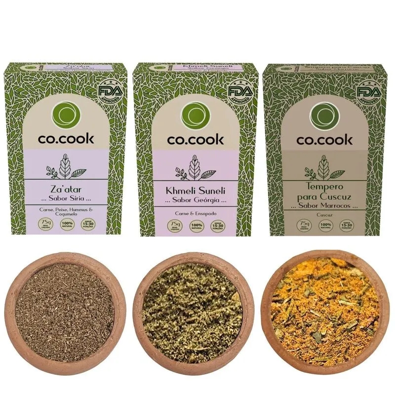 Kit 3 Temperos Funcionais Zaatar, Khmeli Suneli Cuscuz 225g
