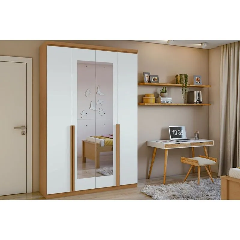 Guarda Roupa 4 Portas e 2 Gavetas c/ Espelho Alonzo New Amêndoa/Branco - Lopas