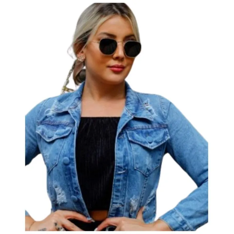 Jaqueta Manuela Dali Jeans Feminina Cropped Bolsos Conforto Azul M