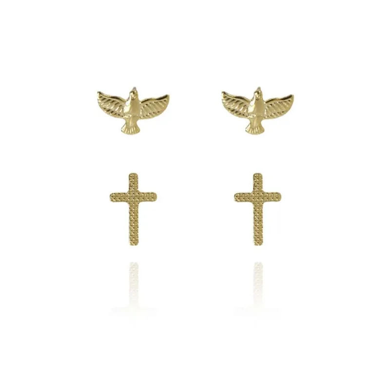 Duo De Cruz E Espírito Santo Folheado Em Ouro 18k