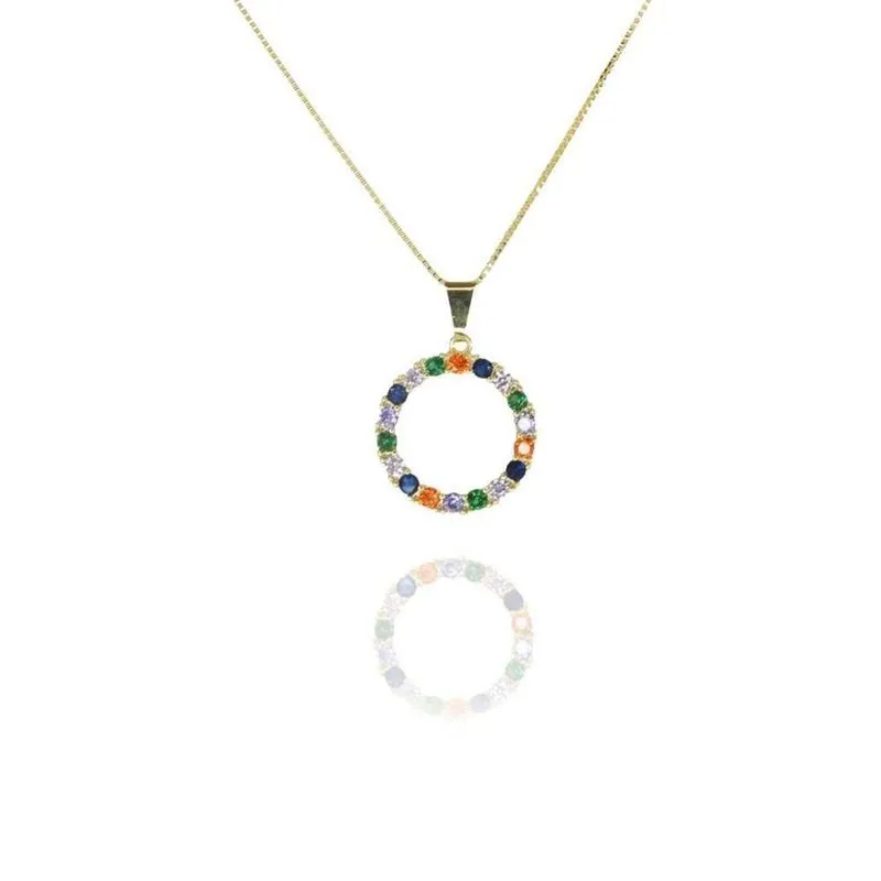 Colar Pingente Circulo De Zircônia Colorida Folheado A Ouro 18k [f027]
