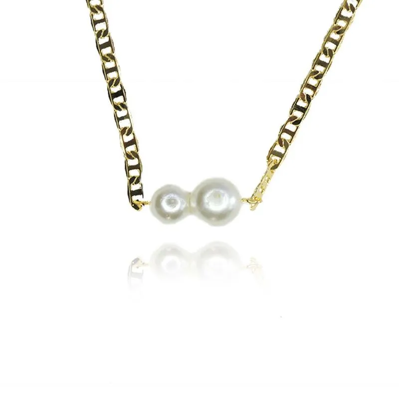 Choker Corrente Com Duas Pérolas Grandes Banhado Em Ouro 18k