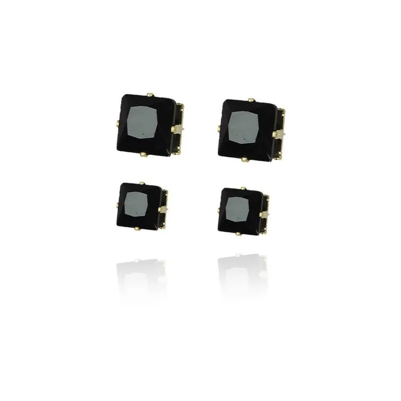 Duo Quadrado De Zirconias Grande Preto Folheado Em Ouro 18k