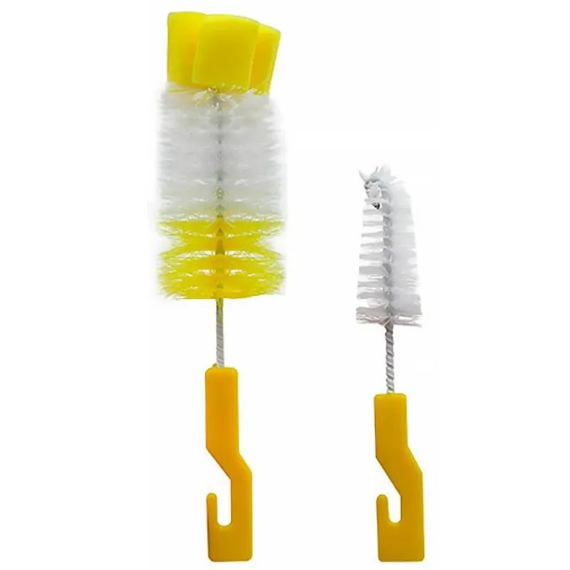 Kit Escova Limpa Mamadeira E Bico Com Esponja 2 Pçs Amarela