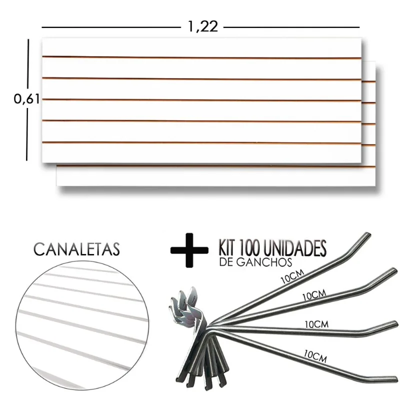 2 Paineis Canaletado - 1,22 X 0,61 + 100 Gancho 10cm + Canaletas Brancas