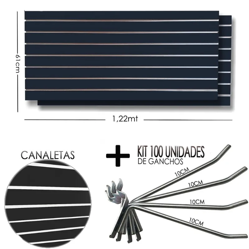 2 Paineis Canaletado Preto -1,22 x 0,61 + 100 Gancho 10cm + Canaletas BRANCO