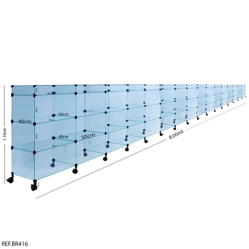 Balcão De Atendimento Modulado Em Vidro Com Rodízios + Porta Bijuterias -8,00 X 1,10 X 0,40