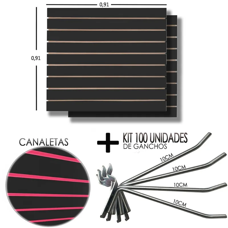 2 Paineis Canaletado Preto - 0,91 x 0,91 + 100 Gancho 10cm + Canaletas ROSA