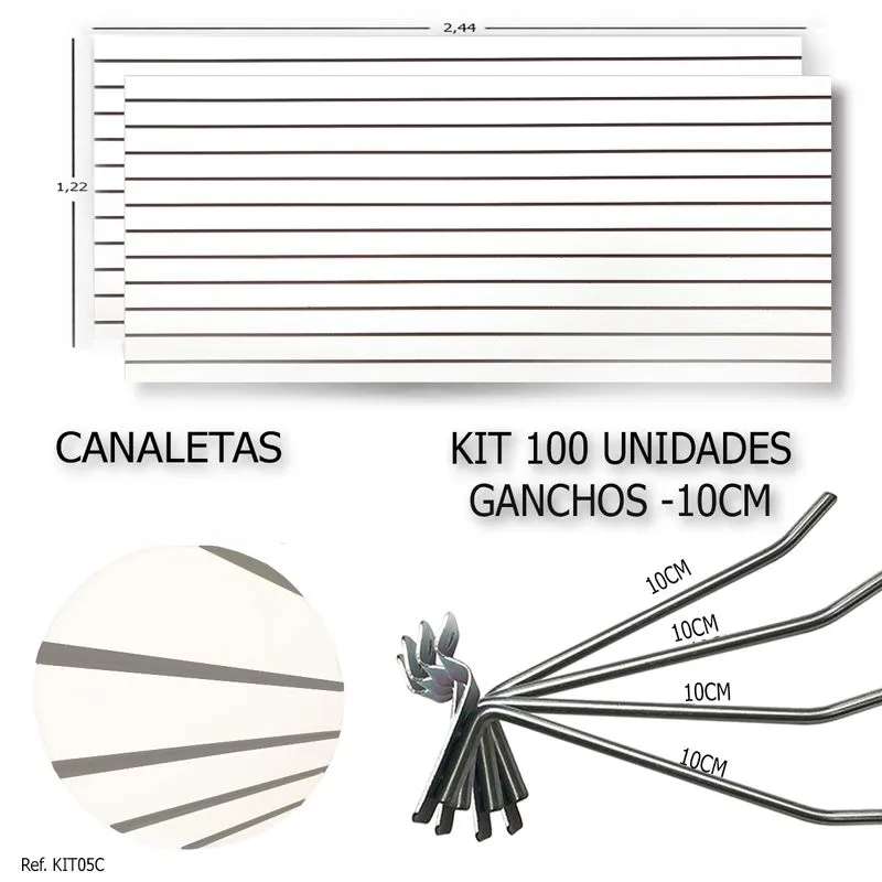 2 Paineis Canaletados - 2,44 X 1,22 + 100 Ganchos 10cm + Canaleta Cinza