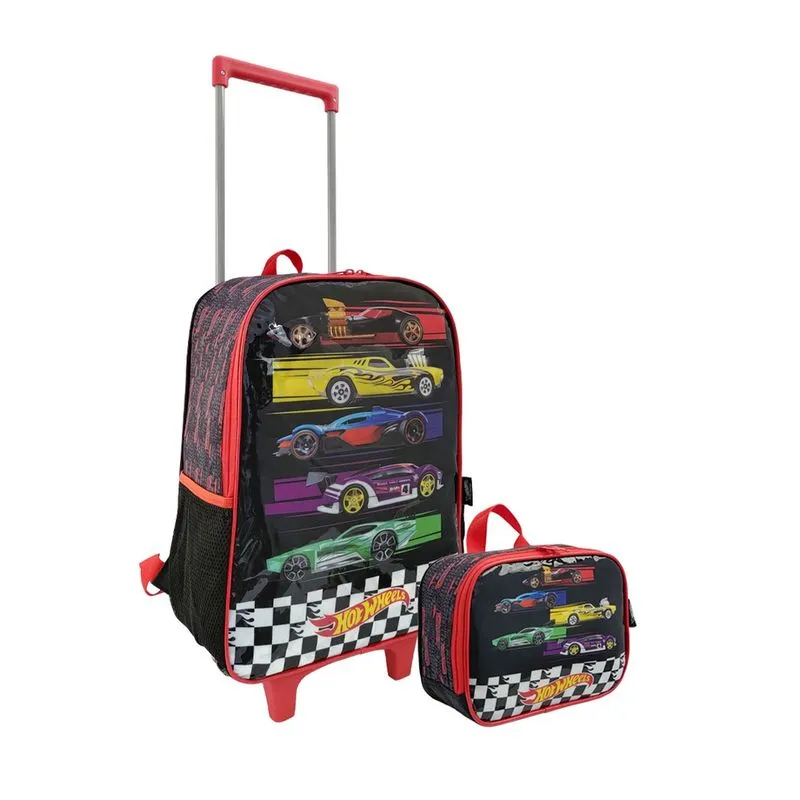 Kit Mochila Escolar Infantil Juvenil 2 Rodas com Lancheira Hot Wheels