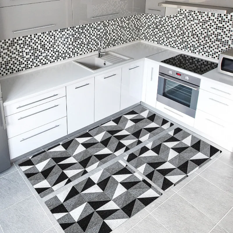 Kit Tapete de Cozinha 3 Peças em Tecido Jacquard com Antiderrapante Látex - Dallas Preto