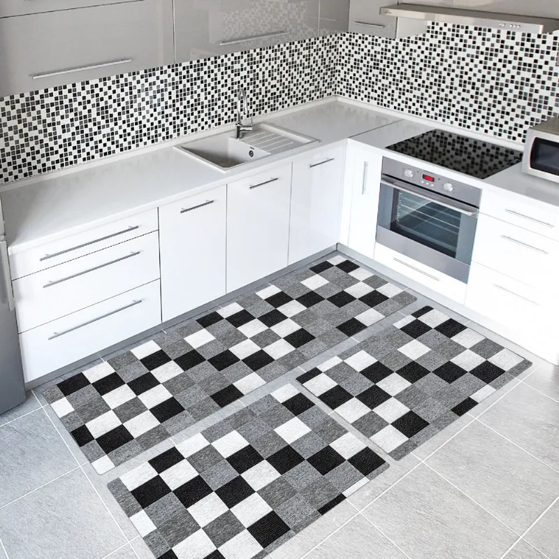 Kit Tapete de Cozinha 3 Peças em Tecido Jacquard com Antiderrapante Látex - Pixel Preto