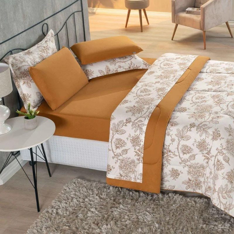 Kit Edredom Malha 100% Algodão Primavera 3 Peças Queen Floral Cobre