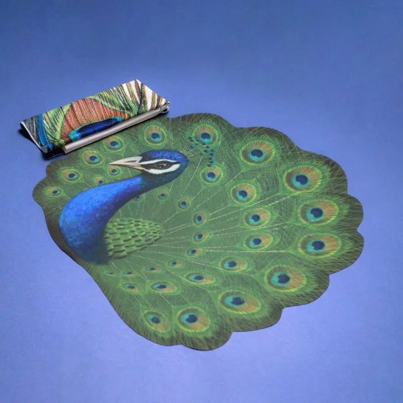 Table Set - Dalila - Americano Impermeável + Guardanapo Em Linho Misto - Fauna - Pavão