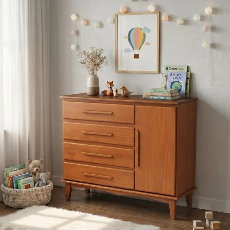 Cômoda Infantil 4 Gavetas 1 Porta em Madeira Maciça Lara Mobikasa