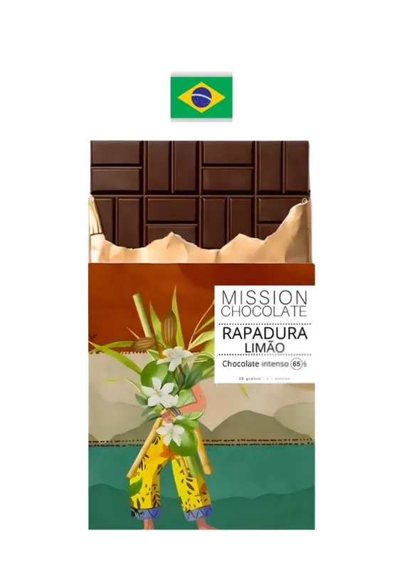 MISSION CHOC INTENSO 65% RAPADURA E LIMAO 60g - Chocolate intenso 65% com rapadura e raspas de limão. Origem: Brasil